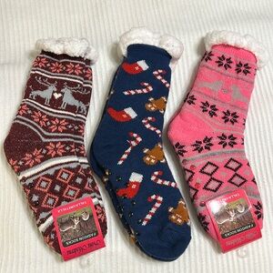 NWT Set of Three Super Warm Faux Sherpa Lined Slipper Socks w/ Bottom Grips.